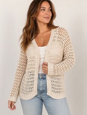 Stamp 10 Crochet Knit Cardigan XL Cream Button Front Open Weave Lightweight